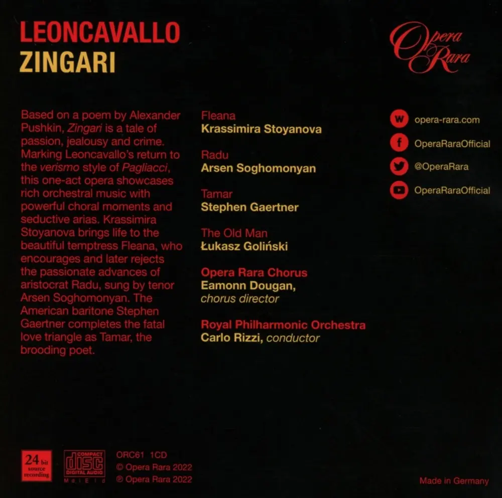 Ruggero Leoncavallo – ZINGARI (K.STOYANOVA, A.SOGHOMONYAN, S.GAERTNER, L.GOLINSKI, OPER RARA CHORUS, ROYAL PHILHARMONIC ORCHESTRA / CARLO RIZZI) (CD)