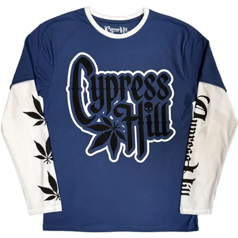Unisex 2 In 1 Layered Long Sleeve T-Shirt: Leaf & Logo (Denim Blue & White) (Sleeve Print)