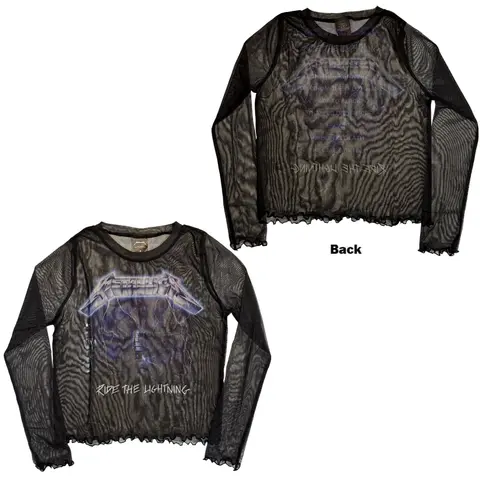 Ladies Long Sleeve Mesh Crop Top: Ride The Lightning (Black) (Back Print)