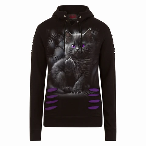 Ladies Ripped Pullover Hoodie: Cattitude (Black & Purple)