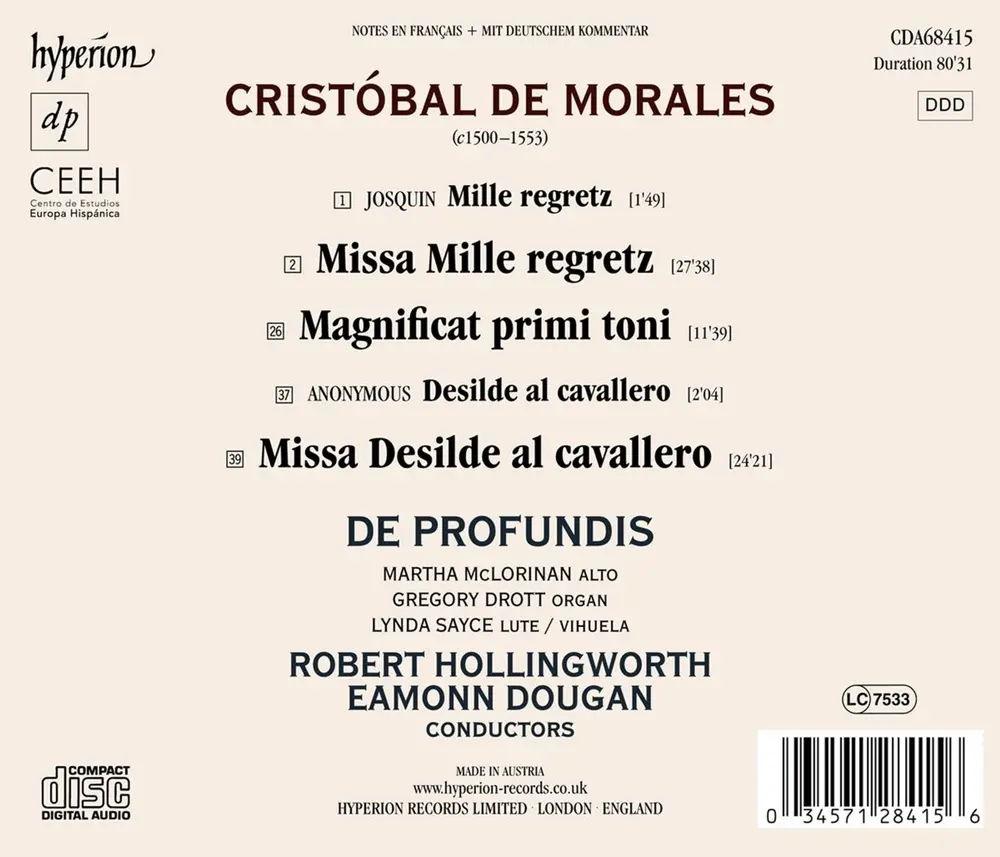 De Profundis & Eamonn Dougan – MORALES: MISSA DESILDE AL CAVALLERO/MISSA MILLE REGRETZ (CD)