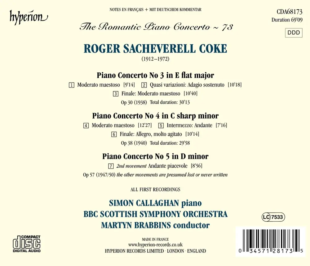 Simon Callaghan – COKE: PIANO CONCERTOS NOS. 3, 4 & 5 (HYPERION ROMA (CD)