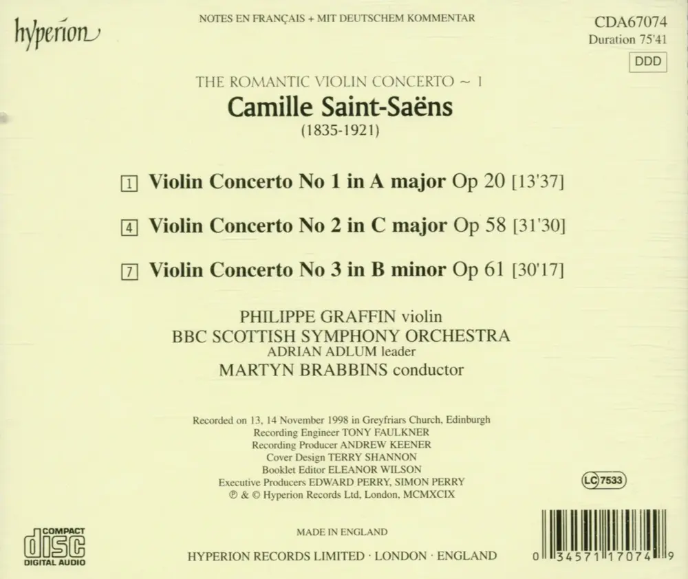 SAINT-SAENS: VIOLIN CONCERTOS NOS. 1, 2 & 3 (HYPER
