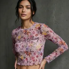 Ladies Long Sleeve Mesh Crop Top: Purple Rain Logo Floral (Pink) thumbnail