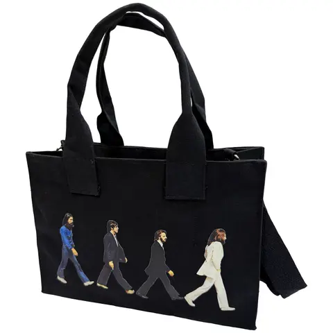 Cotton Tote Bag: Abbey Road & Drop T Logo (Black) (Back Print)
