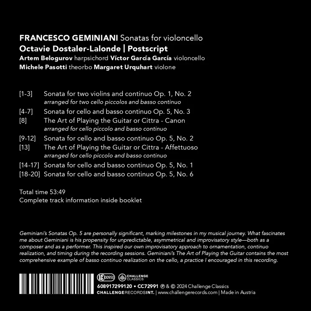 Octavie Dostaler-Lalonde – LALONDE, OCTAVIE - FRANCESCO GEMINIANI: SONATAS FOR VIOLONCELLO (CD)