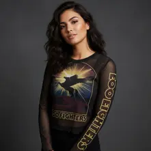 Ladies Long Sleeve Mesh Crop Top: Pegasus (Black) thumbnail