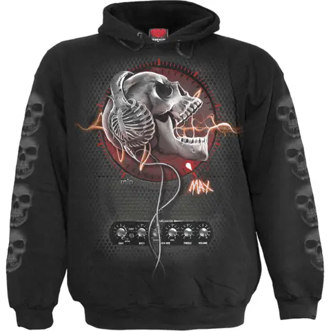 Kids Pullover Hoodie: Never Too Loud (Black) (Back & Sleeve Print)
