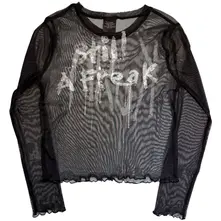 Ladies Long Sleeve Mesh Crop Top: Still A Freak (Black) (Front & Back) thumbnail