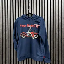 Unisex Unplugged Pullover Hoodie: Pinup Motorcycle (Navy Blue) (Back Print) thumbnail