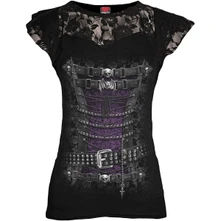 Tričko Ladies Lace Layered Cap Sleeve Top: Waisted Corset (Black)