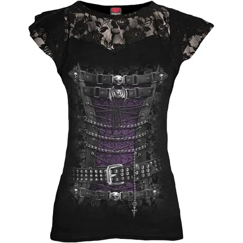 Ladies Lace Layered Cap Sleeve Top: Waisted Corset (Black)