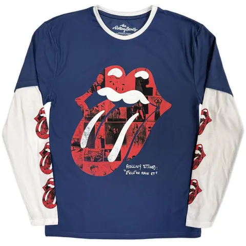 Unisex 2 In 1 Layered Long Sleeve T-Shirt: Collage Tongue (Denim Blue & White) (Sleeve Print)