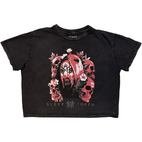 Ladies Stone Wash Crop Top: Skull & Flowers (Charcoal Grey)
