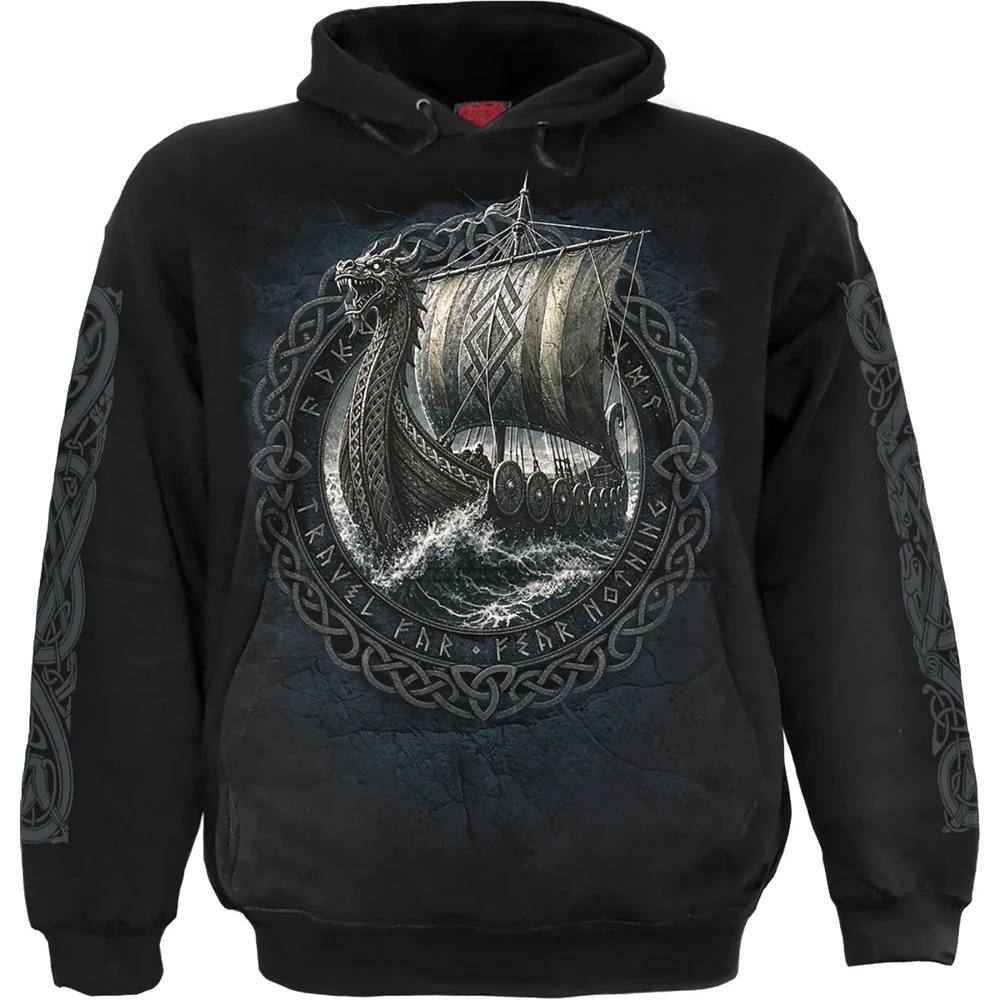 Unisex Pullover Hoodie: Viking Norseman (Black) (Back & Sleeve Print)