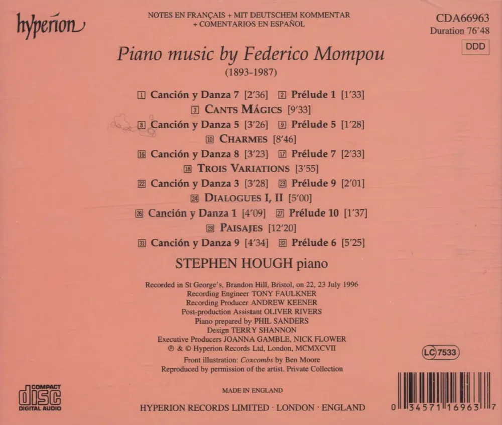 Stephen Hough – PIANO MUSIC BY FEDERICO MOMPOU (CD)
