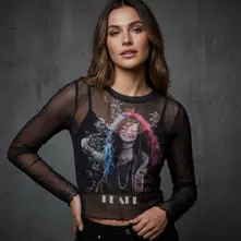 Ladies Long Sleeve Mesh Crop Top: Pearl Garden (Black) thumbnail