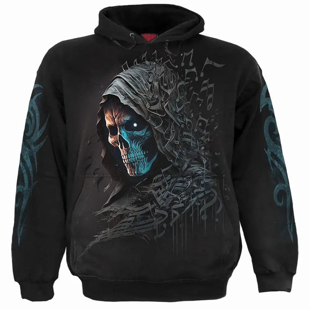 Unisex Pullover Hoodie: Midnight Blues (Black) (Back & Sleeve Print)