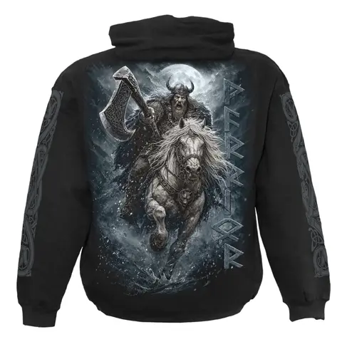 Unisex Pullover Hoodie: Viking Rampage (Black) (Back & Sleeve Print)