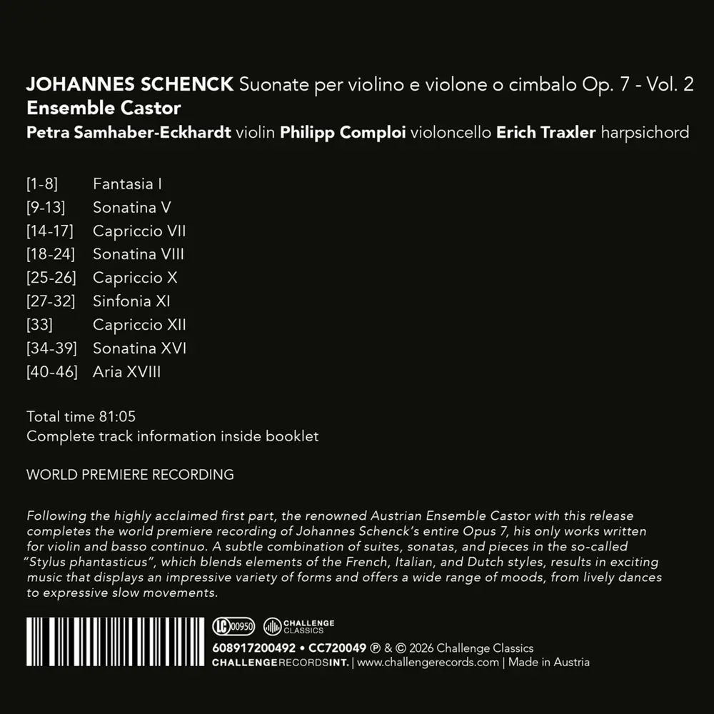 Ensemble Castor – JOHANNES SCHENCK: SUONATE PER VIOLINO E VIOLONE O CIMBALO OP. 7 - VOL. 2 (CD)