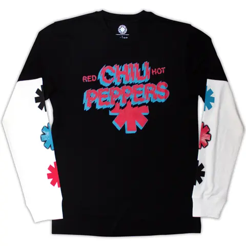 Unisex 2 In 1 Layered Long Sleeve T-Shirt: Shock Logo (Sleeve Print) (Black & White)