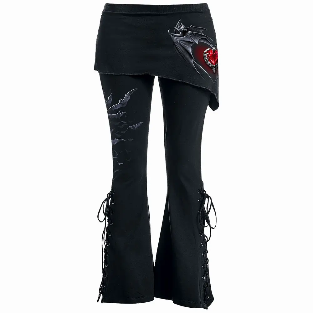 Ladies Boot Cut Leggings with Micro Skirt: Bat's Heart (Black) (Back Print)
