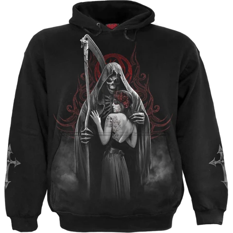 Unisex Pullover Hoodie: Dead Kiss (Black) (Back & Sleeve Print)