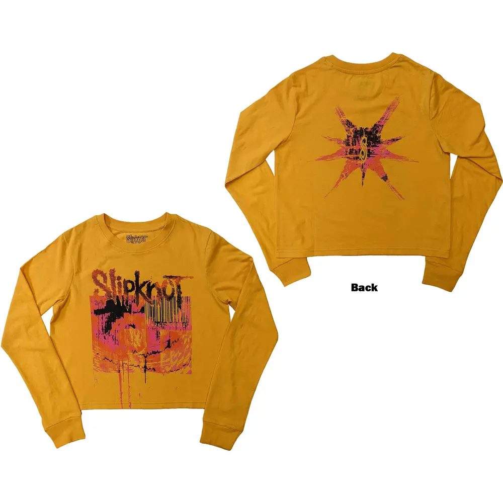 Ladies Long Sleeve Crop Top: The End, So Far Barcode (Yellow) (Back Print)