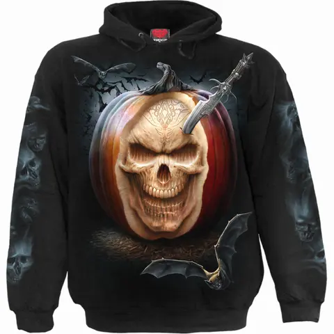 Unisex Pullover Hoodie: Carving Death (Black) (Back & Sleeve Print)