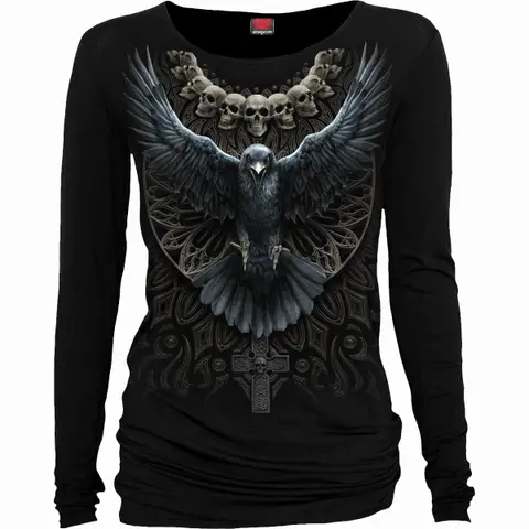 Ladies Long Sleeve Baggy T-Shirt: Raven Skull (Black)