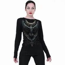 Ladies Long Sleeve Baggy T-Shirt: Raven Skull (Black) thumbnail