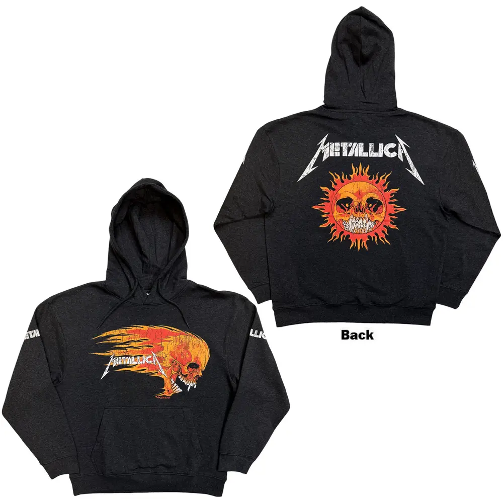 Unisex Pullover Hoodie: Worn Pushead Flaming Skull (Charcoal Grey) (Back Print)