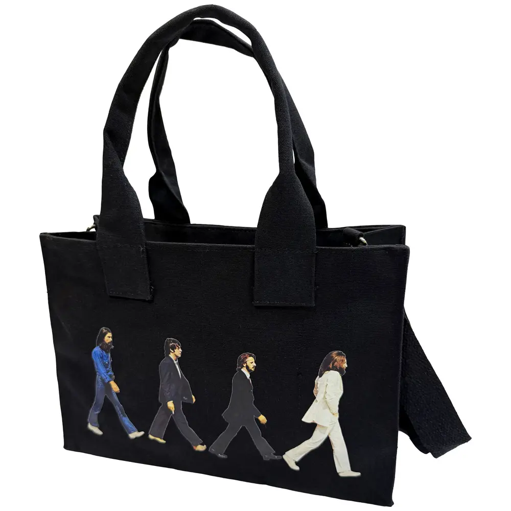 Cotton Tote Bag: Abbey Road & Drop T Logo (Black) (Back Print)
