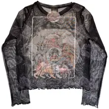 Ladies Long Sleeve Mesh Crop Top: A Day At The Races (Black) (Front & Back) thumbnail