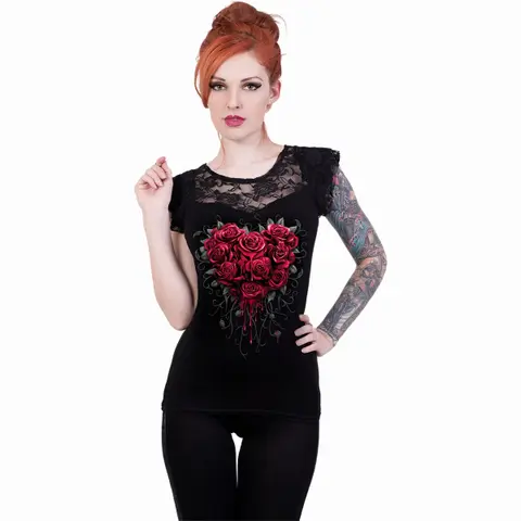 Spiral – Tričko Bleeding Heart (Čierna, Dámske, Lace Layered Cap Sleeve Top), Žena, Čierna