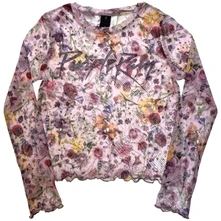 Croptop Ladies Long Sleeve Mesh Crop Top: Purple Rain Logo Floral (Pink)