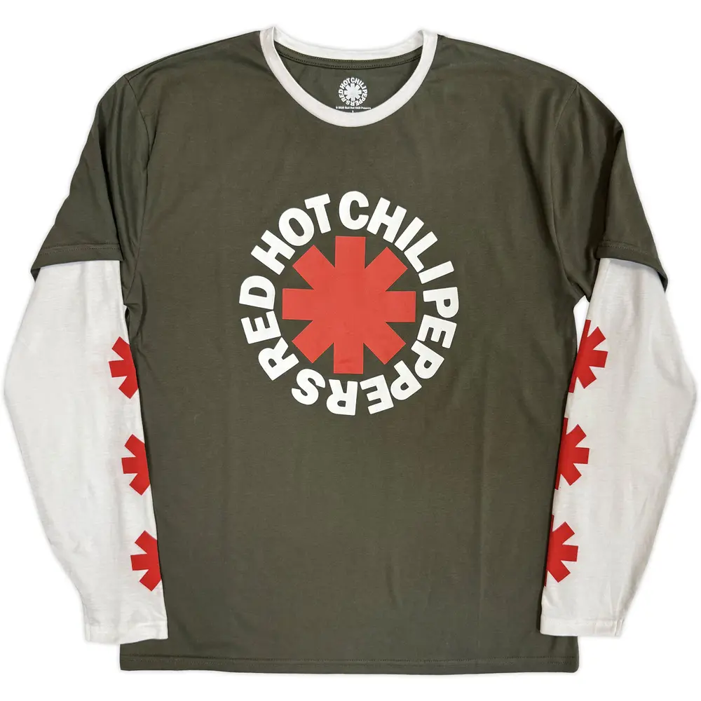 Unisex 2 In 1 Layered Long Sleeve T-Shirt: Classic Asterisk (Green & White) (Sleeve Print)