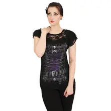 Ladies Lace Layered Cap Sleeve Top: Waisted Corset (Black) thumbnail