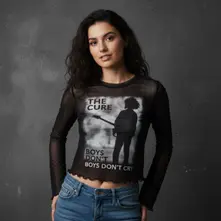 Ladies Long Sleeve Mesh Crop Top: Boys Don't Cry B&W (Black) thumbnail