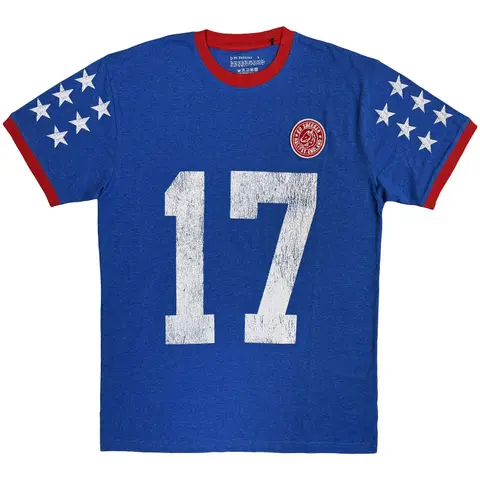 Unisex Ringer T-Shirt: Play 17 (Blue) (Sleeve Print)