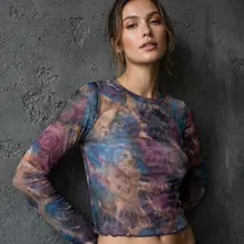 Ladies Long Sleeve Mesh Crop Top: Stealy AOP (Purple) thumbnail