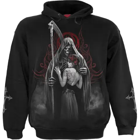 Unisex Pullover Hoodie: Dead Kiss (Black) (Back & Sleeve Print)