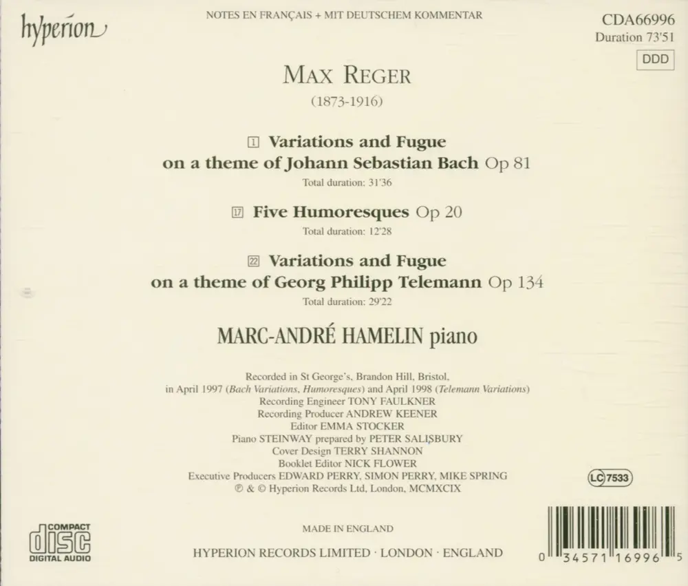 REGER: PIANO MUSIC - BACH VARIATIONS, TELEMANN VAR
