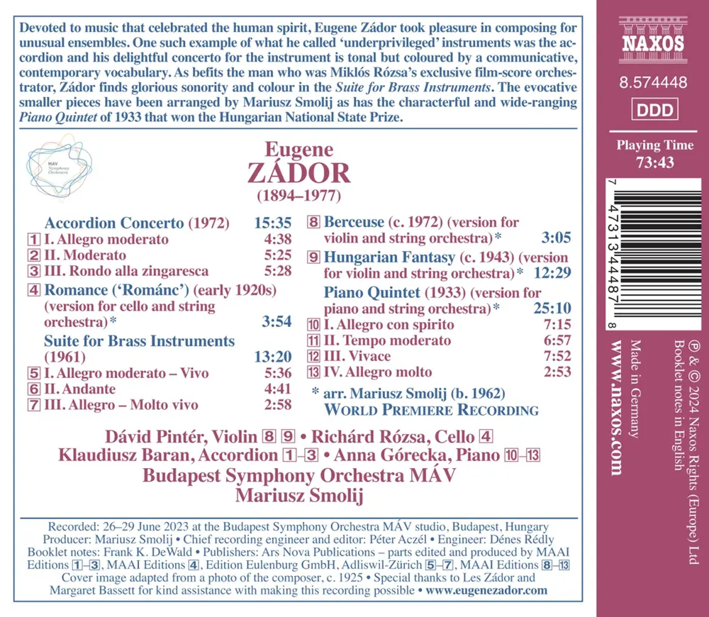 BUDAPEST SYMPHONY ORCH... - ZADOR: PIANO QUINTET; ACCORDION CONCERTO; SUITE FOR BRASS INSTRUMENTS; HUNGARIAN FANTASY