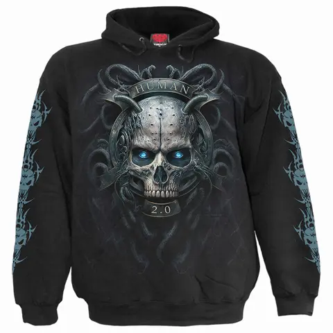 Unisex Pullover Hoodie: Human 2.0 (Black) (Back & Sleeve Print)