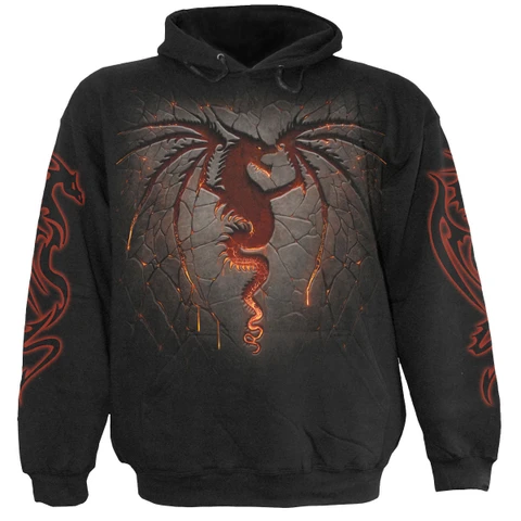 Unisex Pullover Hoodie: Dragon Furnace (Black) (Back & Sleeve Print)