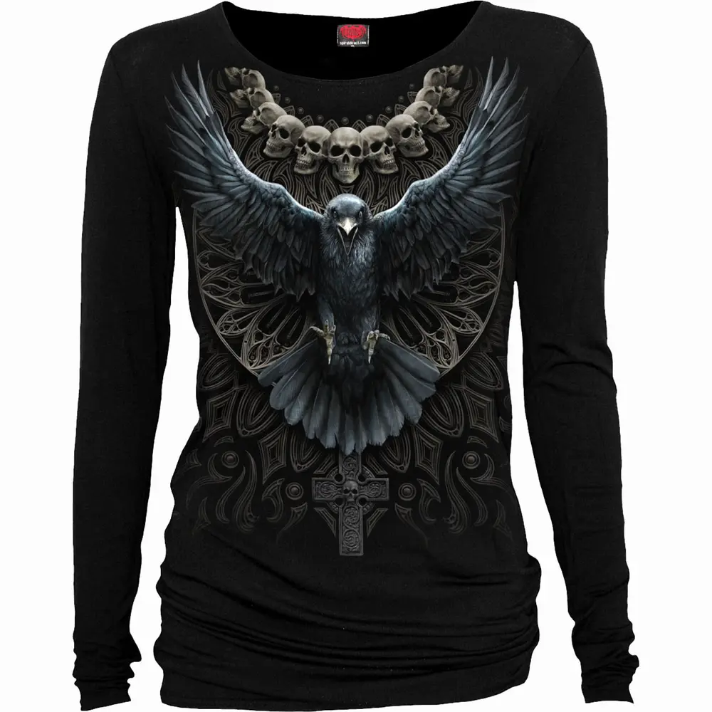 Ladies Long Sleeve Baggy T-Shirt: Raven Skull (Black)