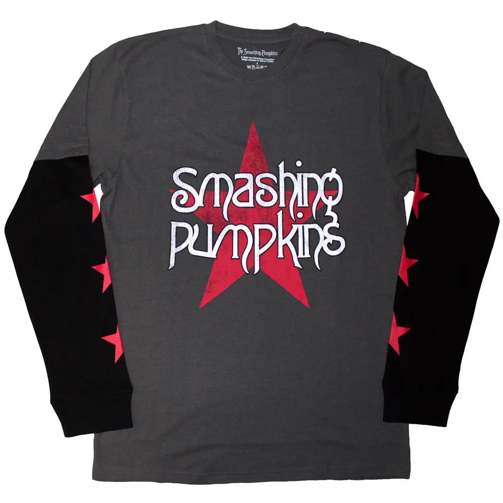 Unisex 2 In 1 Layered Long Sleeve T-Shirt: Star Logo (Charcoal Grey & Black) (Sleeve Print)