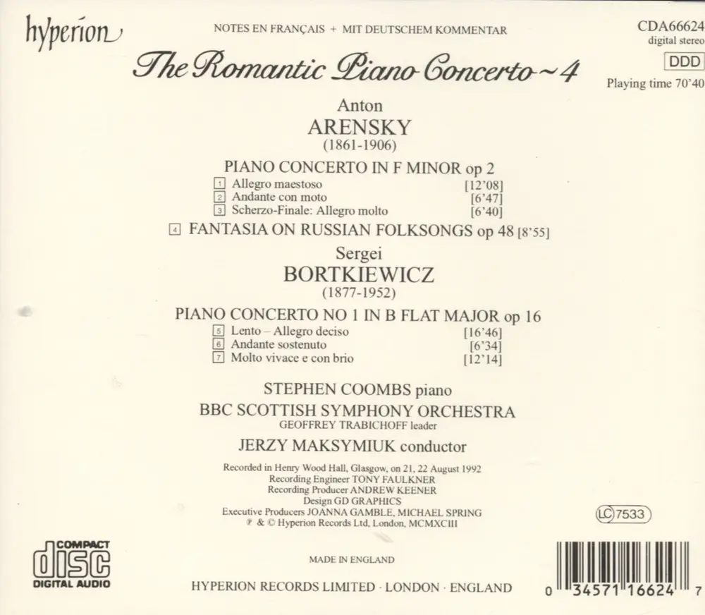 ARENSKY & BORTKIEWICZ: PIANO CONCERTOS