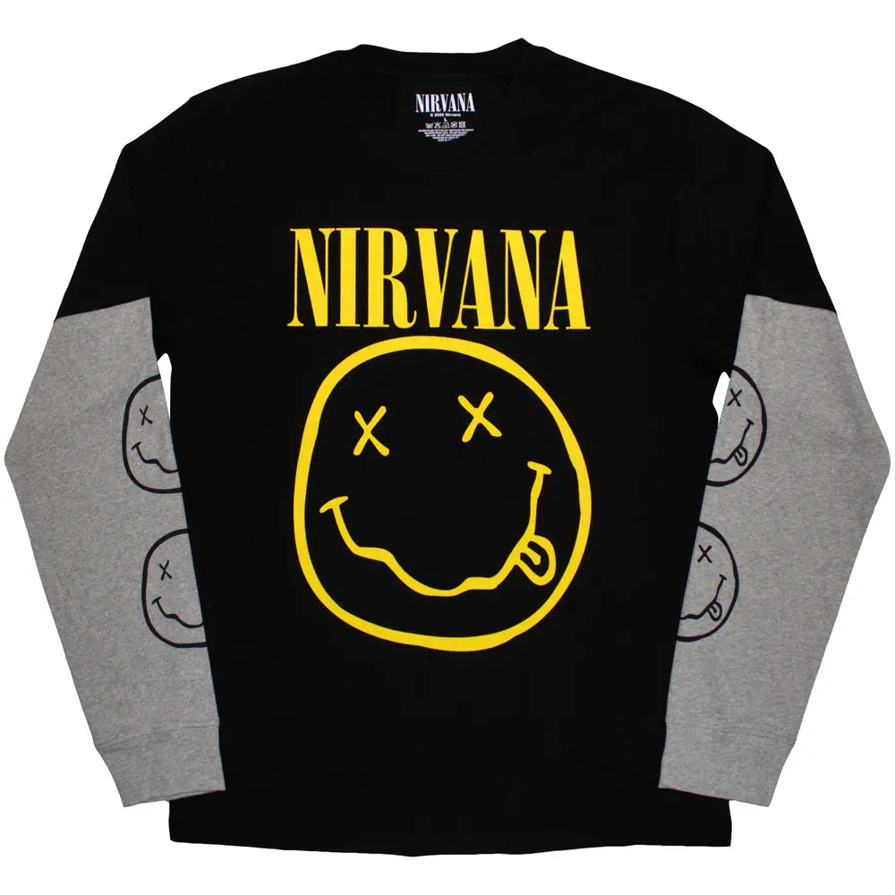 Unisex 2 In 1 Layered Long Sleeve T-Shirt: Yellow Happy Face (Black & Grey) (Sleeve Print)